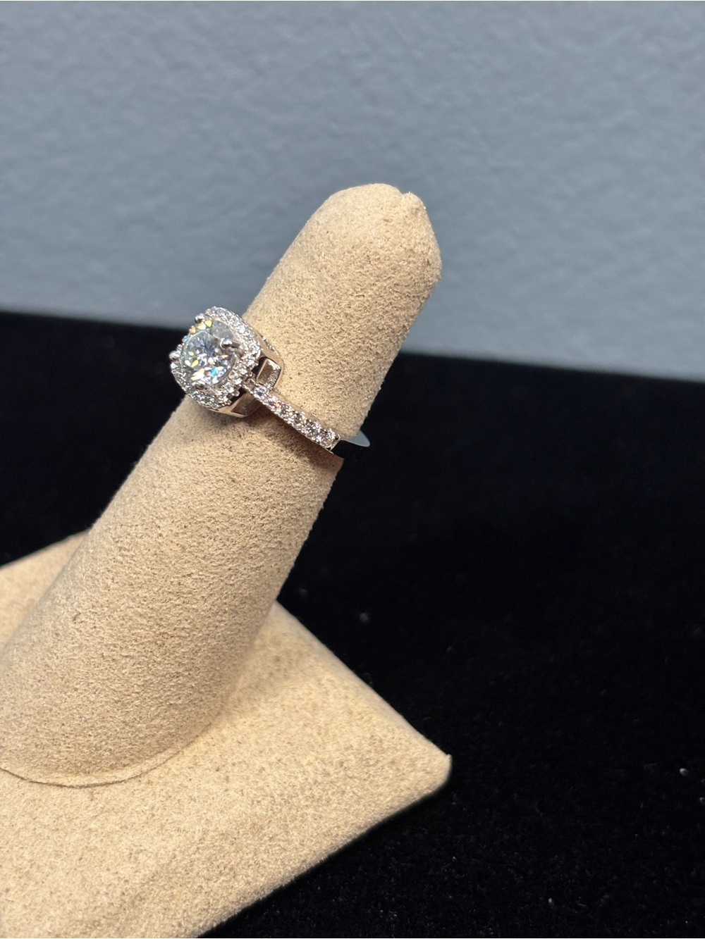 925 Sterling Silver Moissanite Halo Ring with Pavé Band (Size 5)